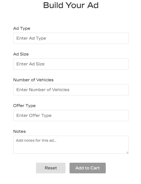 Build Your Ad form - ad type, size, vehicles, offer, and notes
