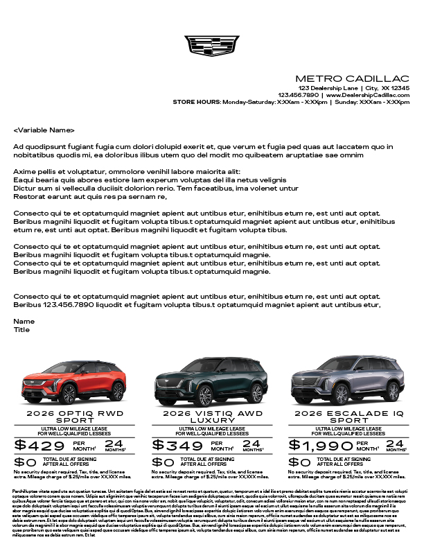 Finished Cadillac print ad with three lease offers