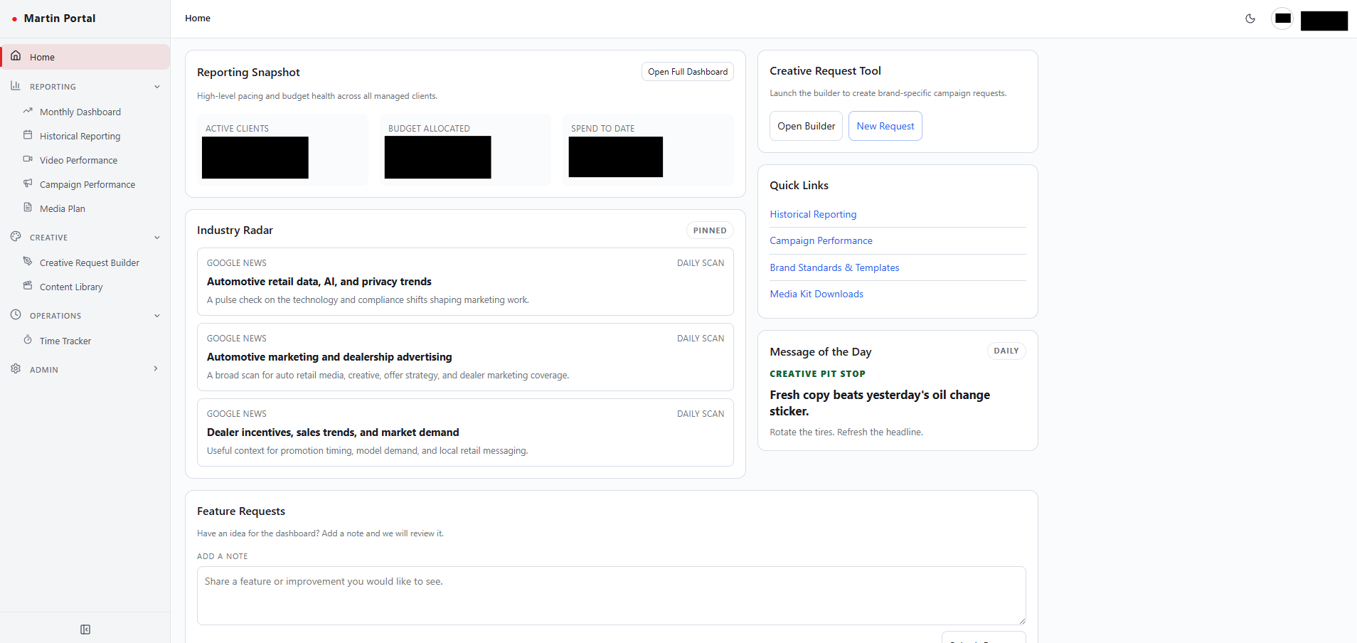Martin Portal home - reporting snapshot, creative request tool, industry radar, and quick links